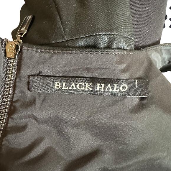 BLACK HALO Black Shiny Jackie O Sheath Midi Dress Women's Size 0 LBD Classic - Picture 4 of 5